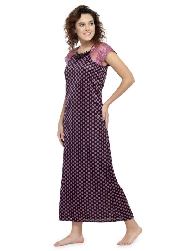 N-Gal Women's Satin Polka Dot Print Short Lace Sleeves Nighty Night Dress Nightwear_Purple